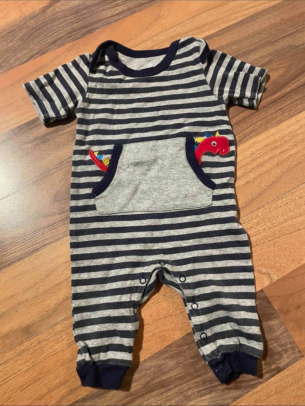 Striped Navy & Gray Baby One-Piece with Dino Pocket